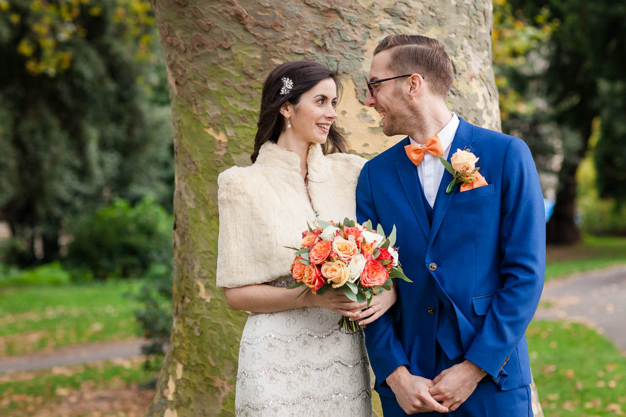 bride and groom look at each other portrait shot