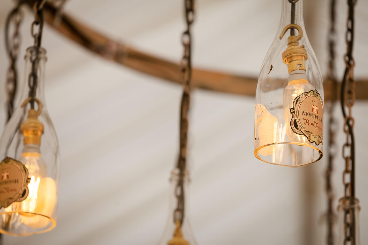 close up of hanging champagne glass used at lighting