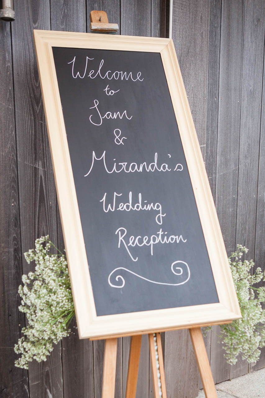easel saying bride and groom reception