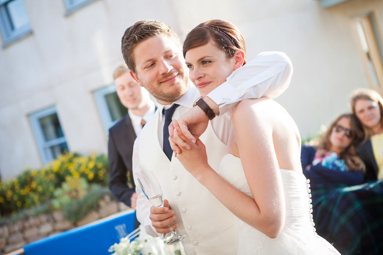 bride and groom relax