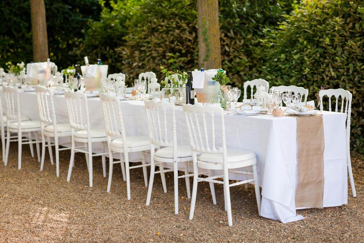 table and chairs with hessian cloth