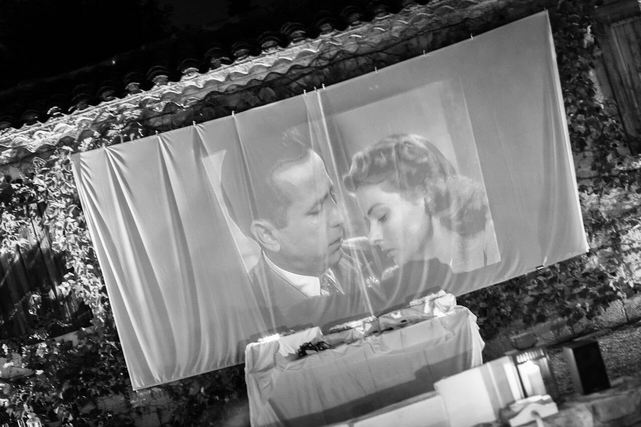 watching old movie on projector screen