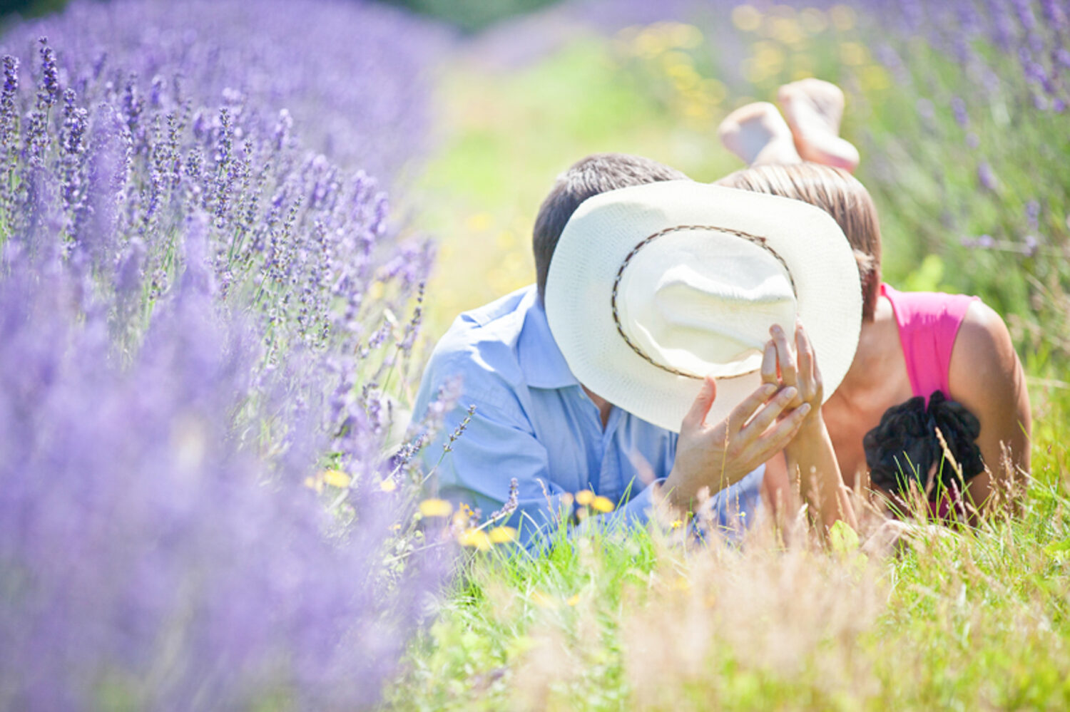 couple lying in lavender field with hat covering their kiss