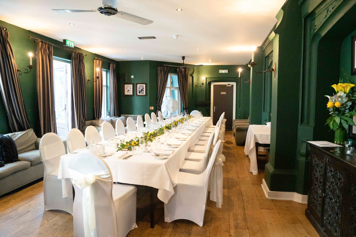 dining room set up in hotel du vin for wedding party