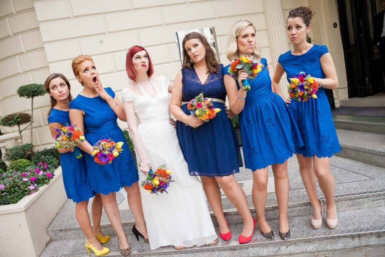 bridesmaids and bride pulling faces