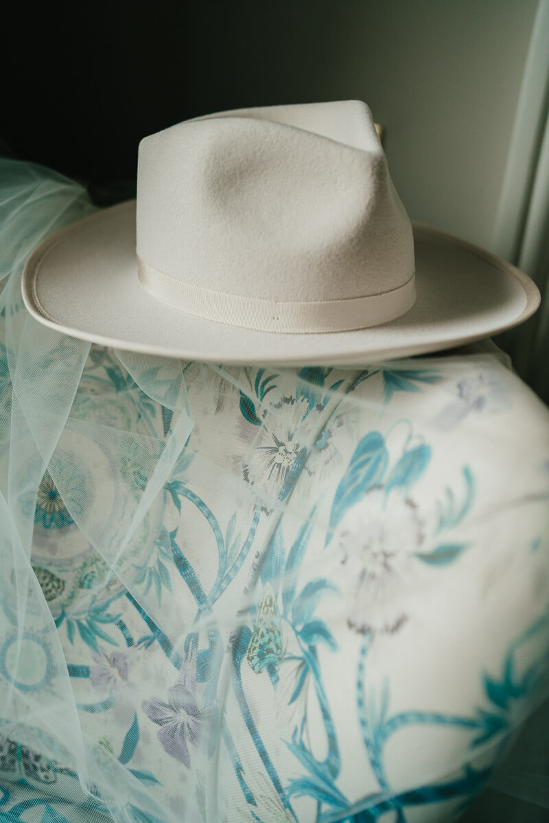 bride's hat on a chair