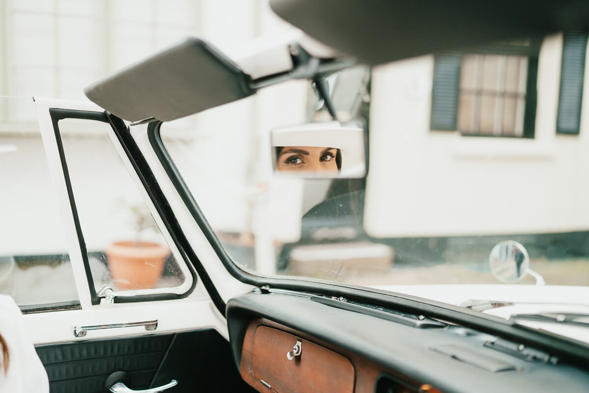 close up shot of head mirror with bride's eyes in focus