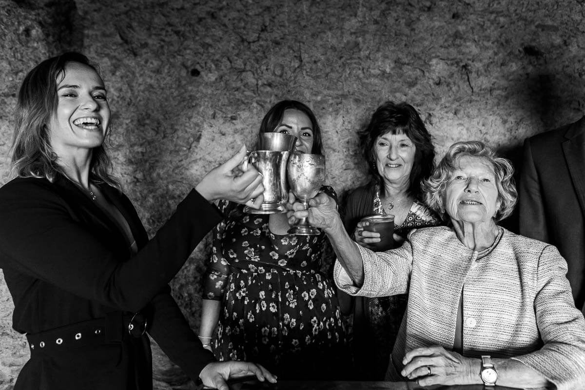 two guests one old one young chinking beer goblets smiling looking at the camera