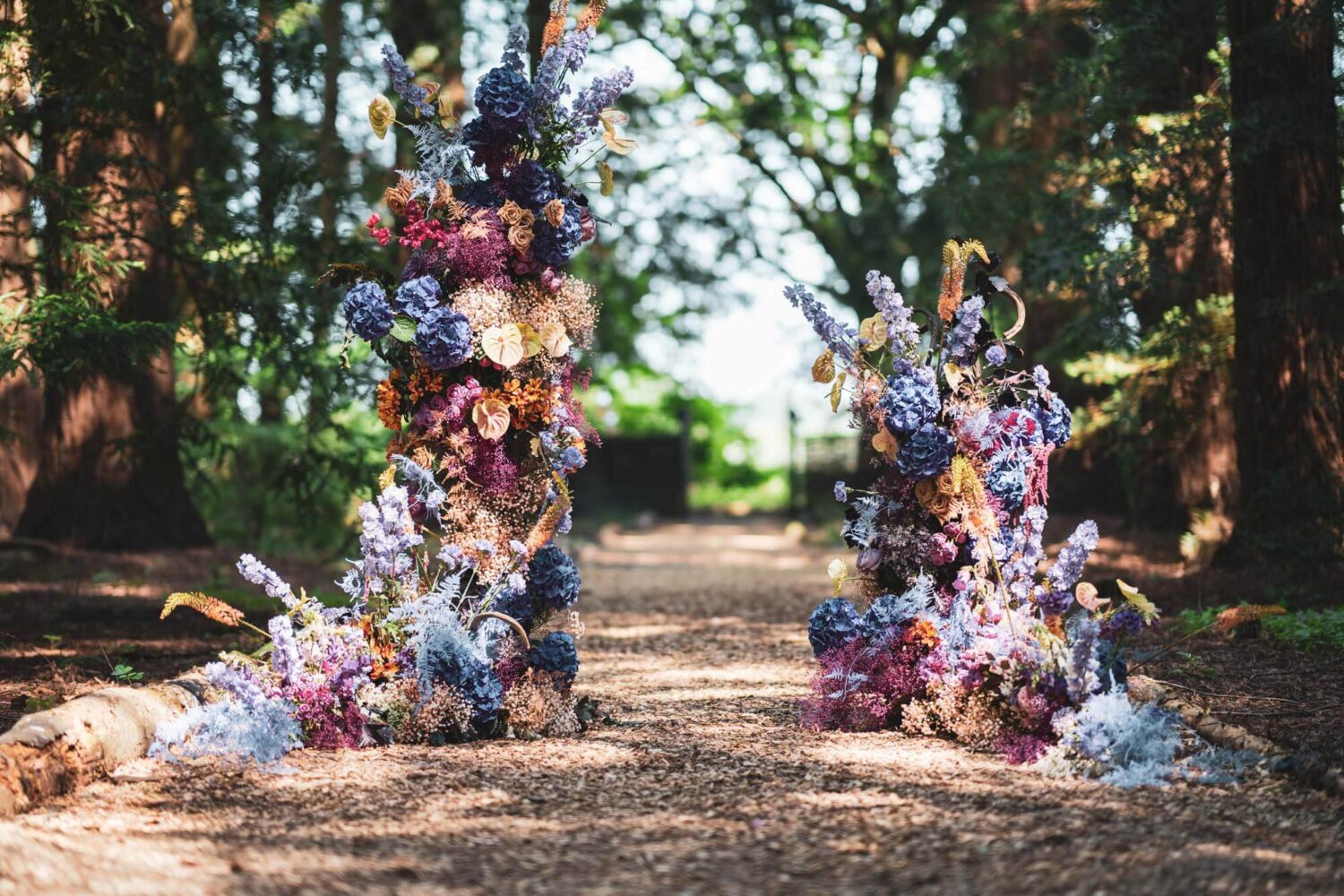 amazing flower arrangements set up along path in redwood forest