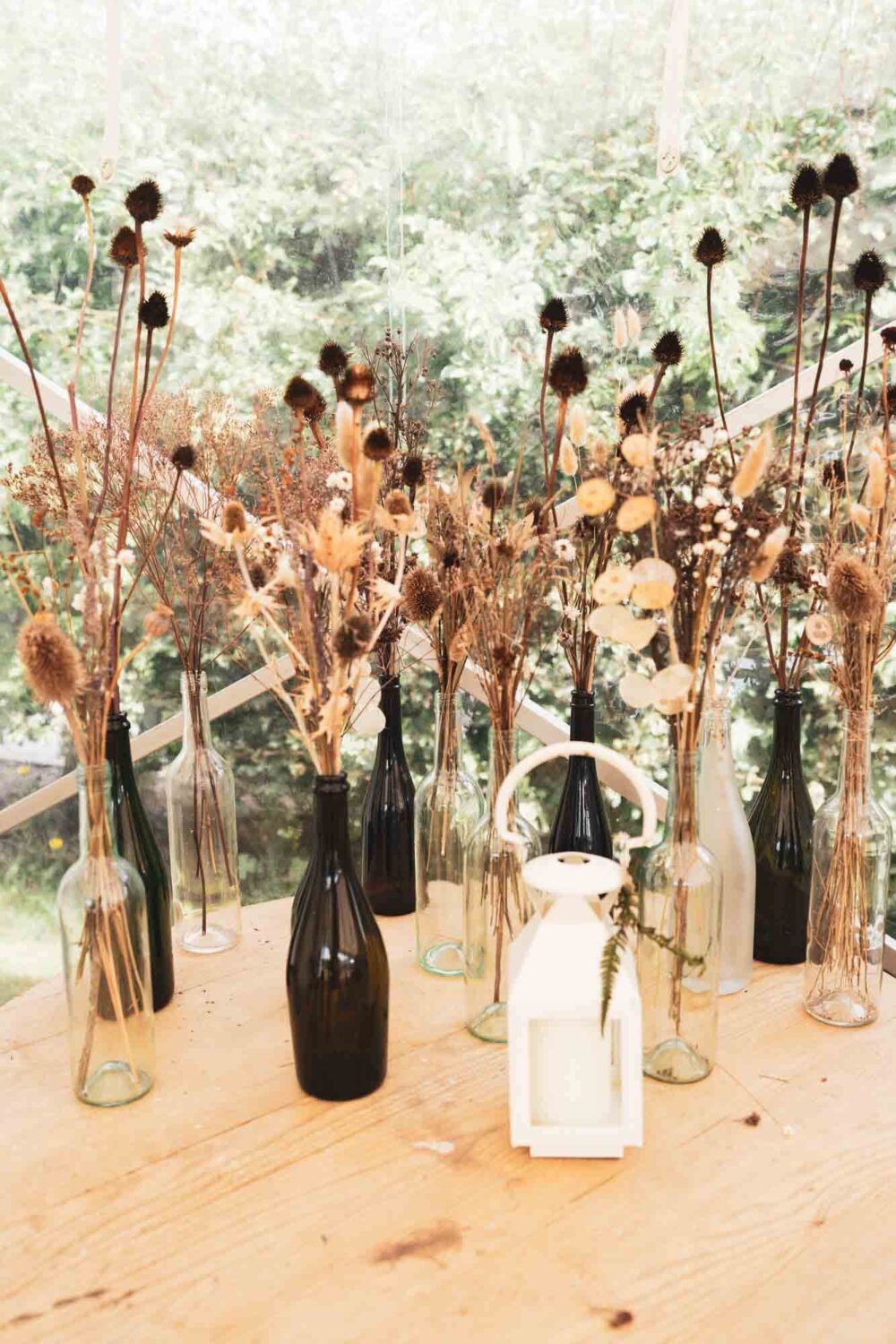 set of dried flowers set up on table