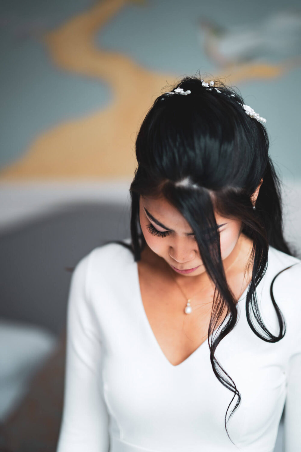 close up of bride looking down