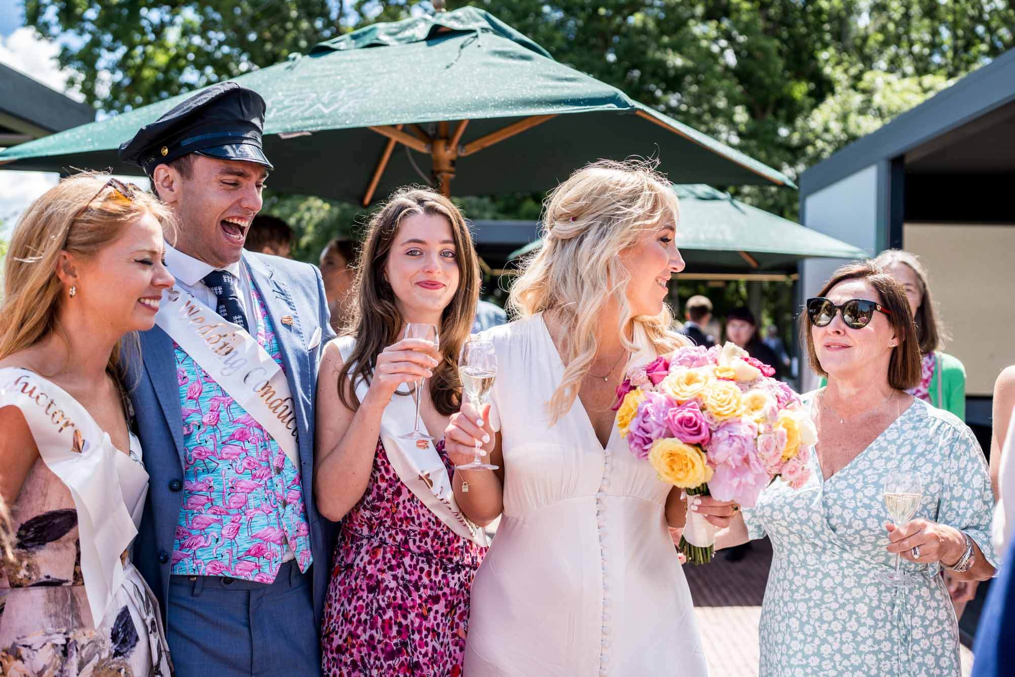 Three guests and bride.