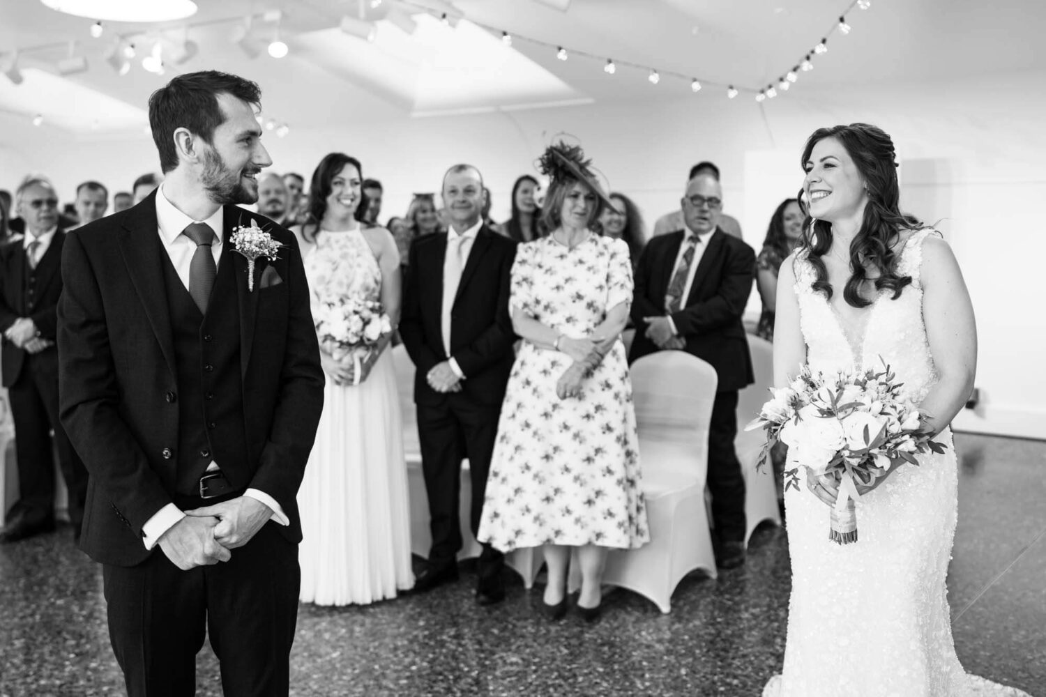 Groom and bride seeing each other for the first time.