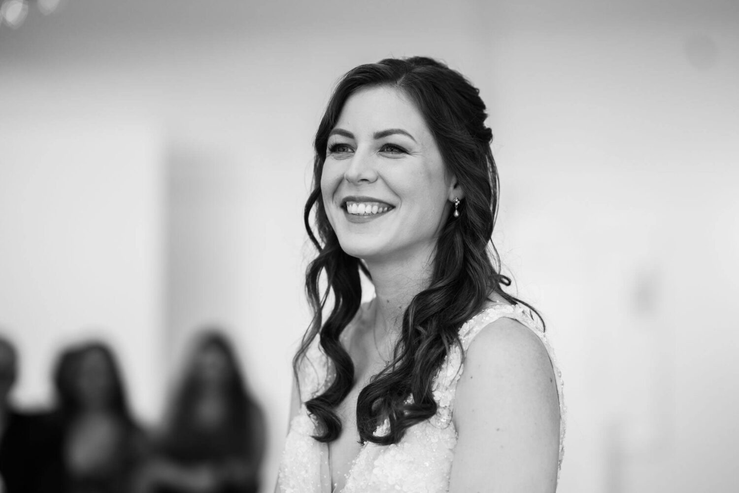 Portrait of bride smiling.